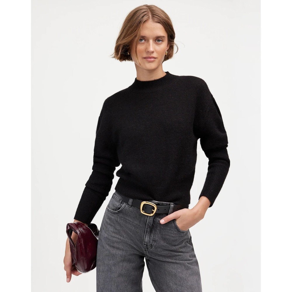 Madewell Alpaca-Blend Mockneck Puff Sleeve Sweater Knit True Black XS NWT